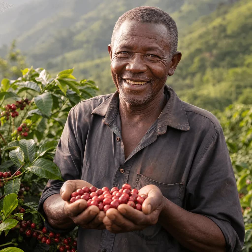 A Tanzanian smallholder holding ripe red coffee cherries among his coffee shrubs