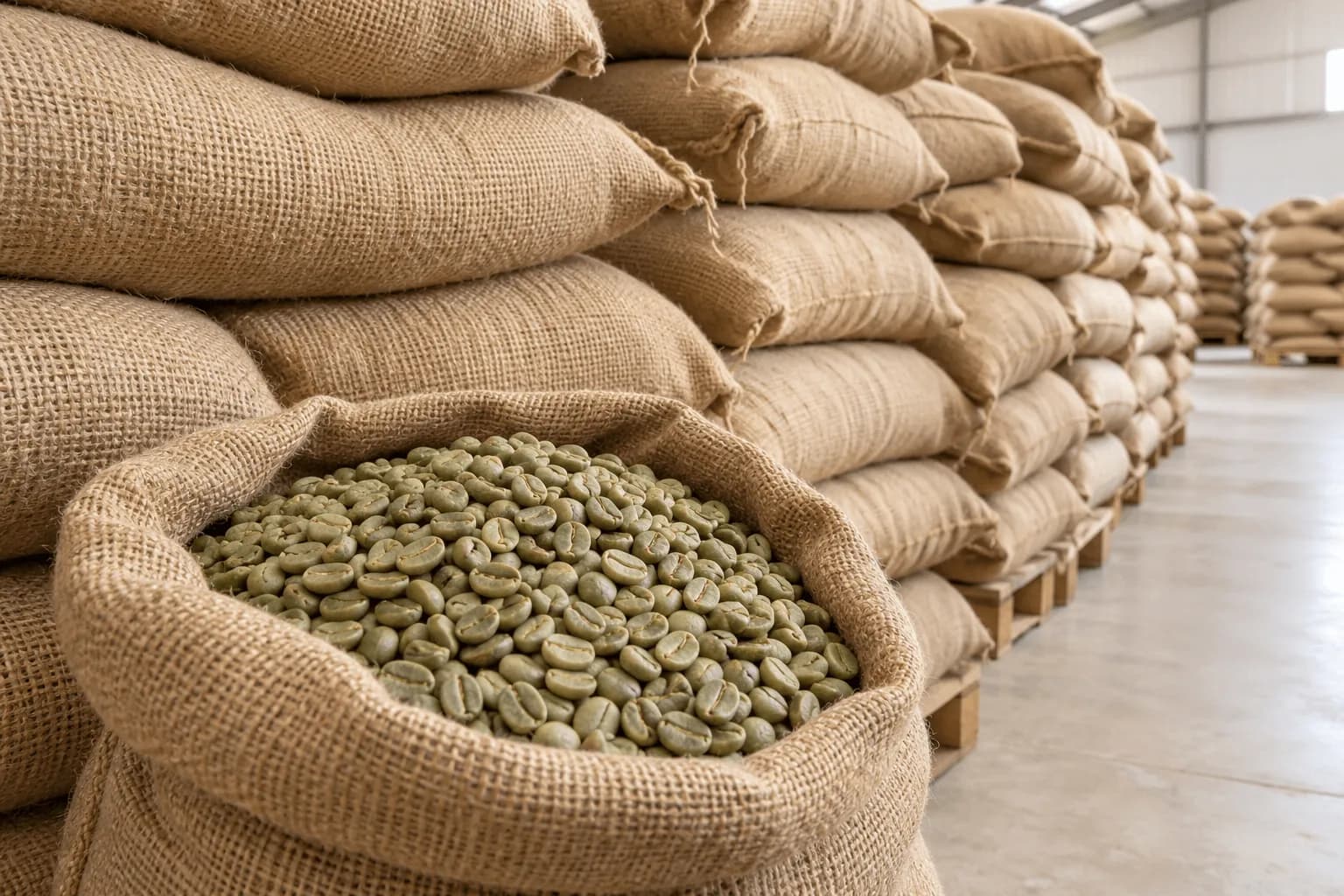 Stacked jute sacks of Tanzanian green coffee ready for export to Europe