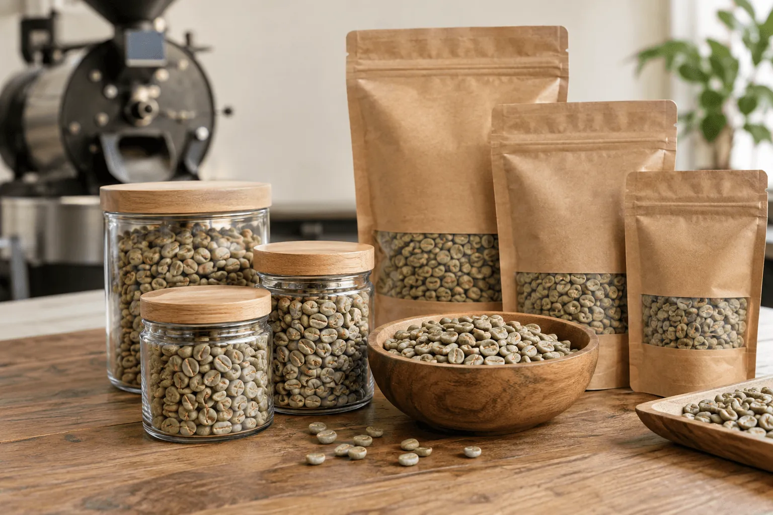 Sample jars and bags of green coffee on a roaster's sample table
