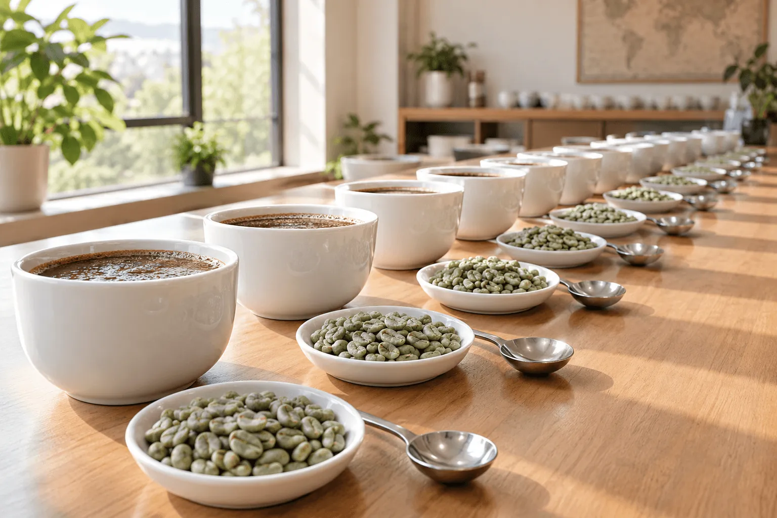 A coffee cupping table with rows of cups and green coffee samples