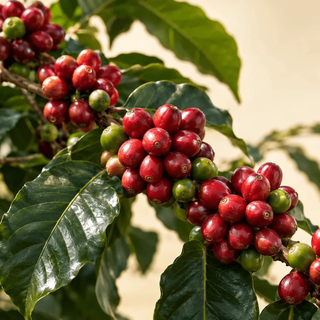 Ripe red and unripe green coffee cherries on an arabica branch in the Tanzanian highlands