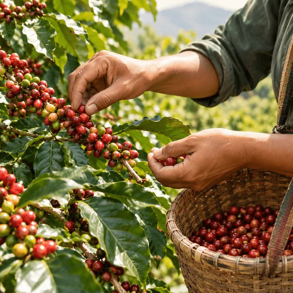 Hands selectively picking ripe red coffee cherries into a woven basket