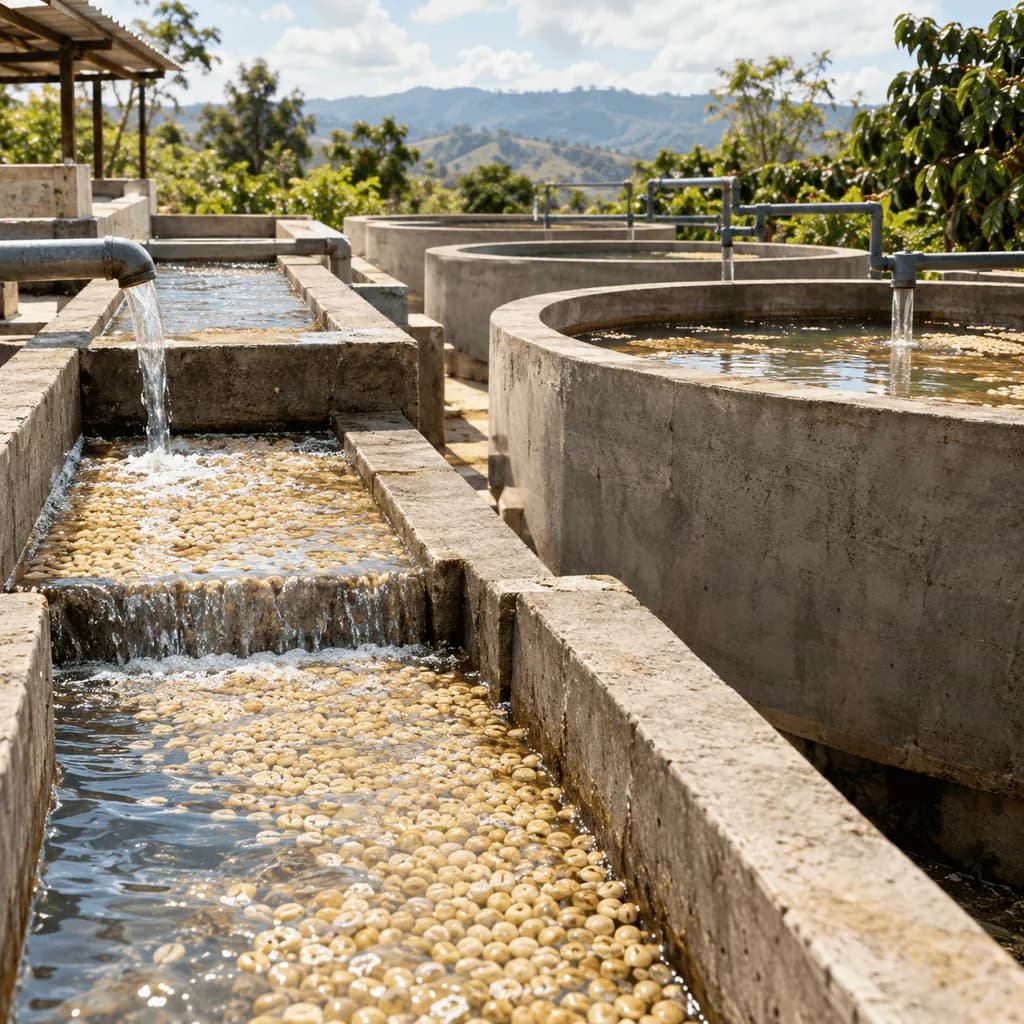 Parchment coffee moving through the water channels of a washing station