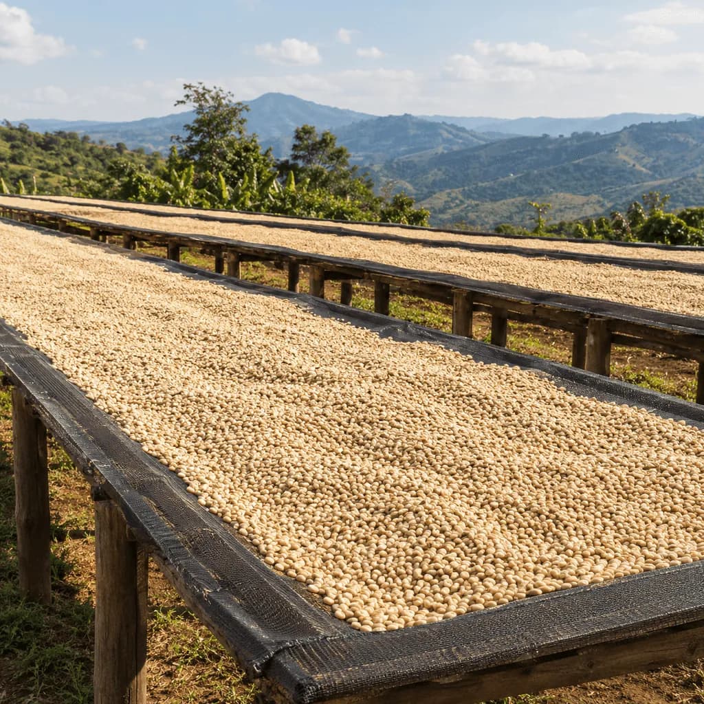 Parchment coffee drying in the sun on raised African beds