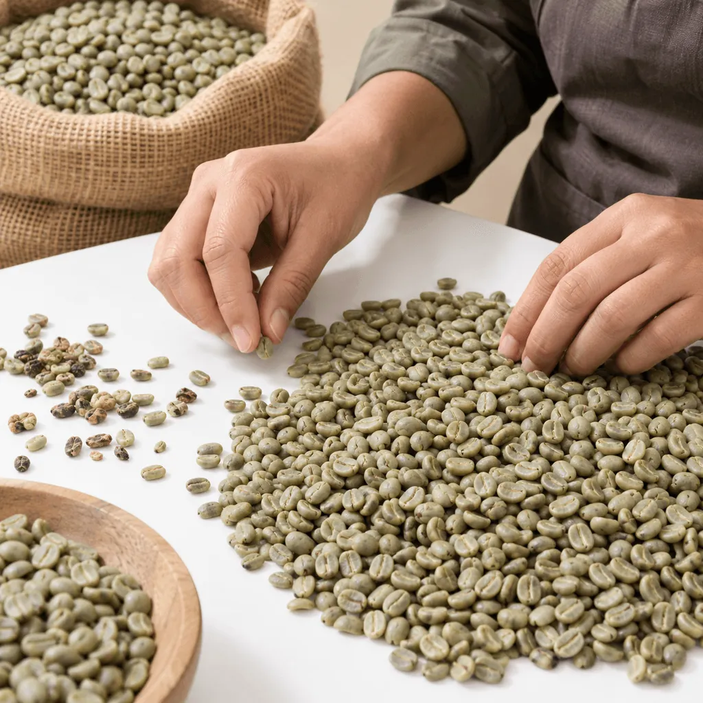 Raw green coffee beans being hand-sorted to remove defects before bagging