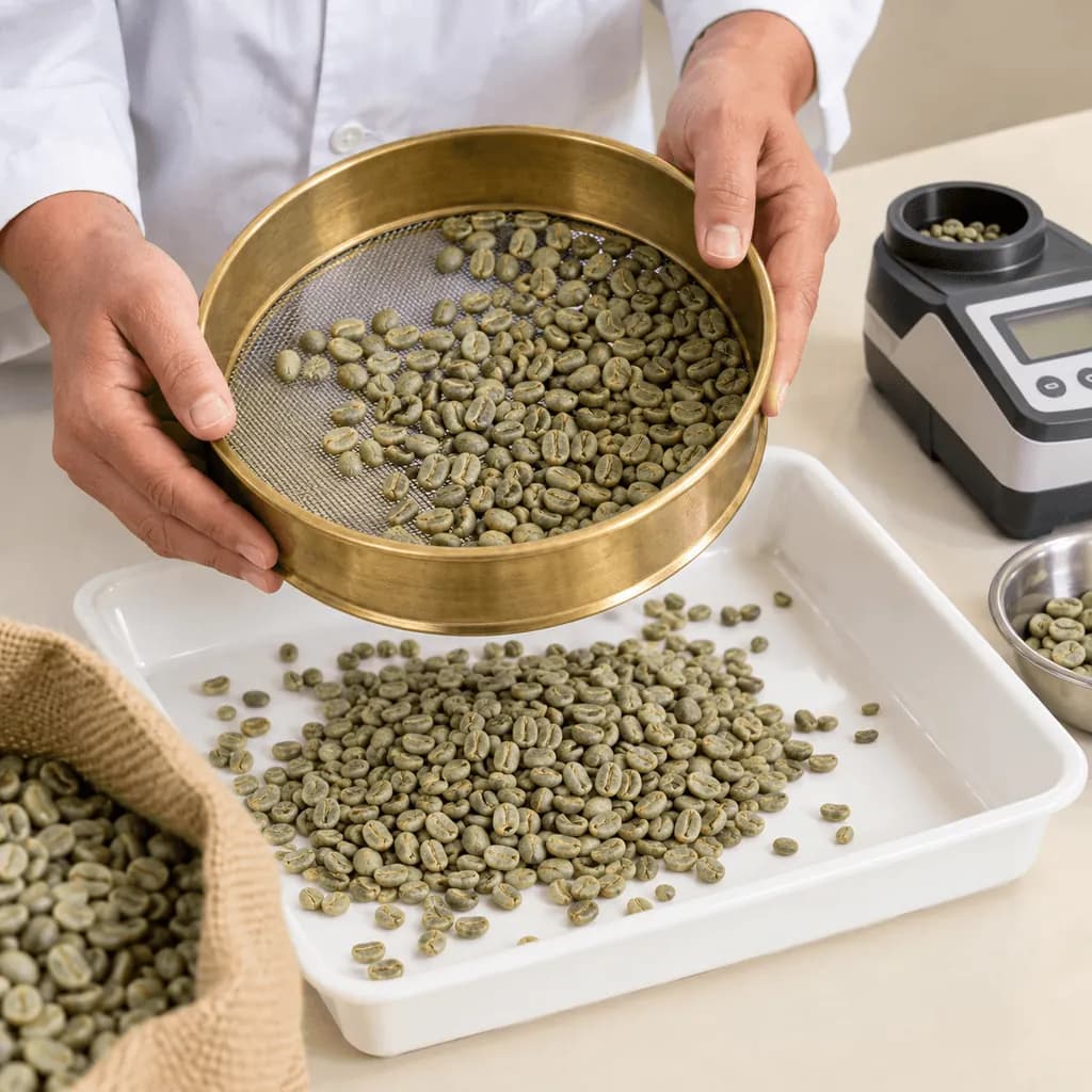 Green coffee beans being measured through a brass screen sieve