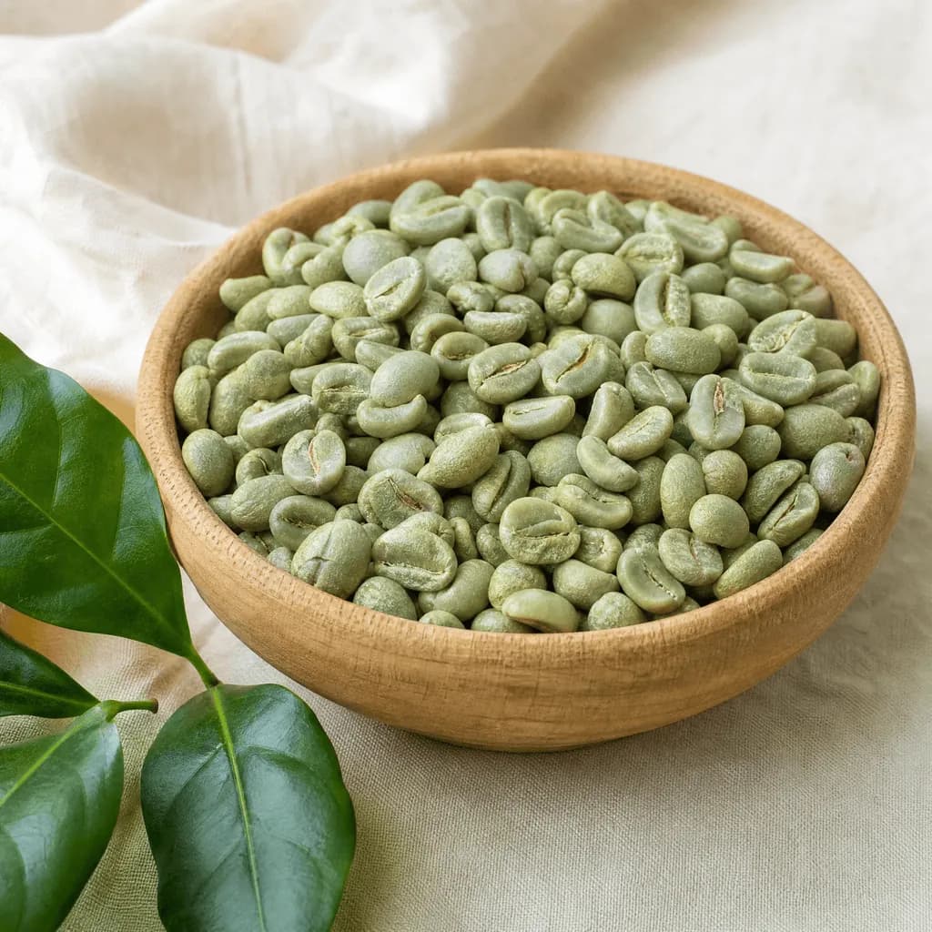 A wooden bowl of fresh new-crop green coffee beans
