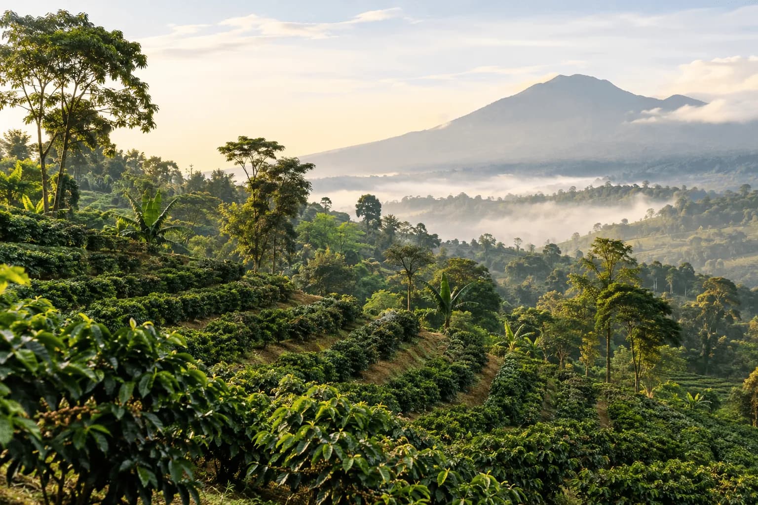 Smallholder coffee farms on a green highland slope in East Africa